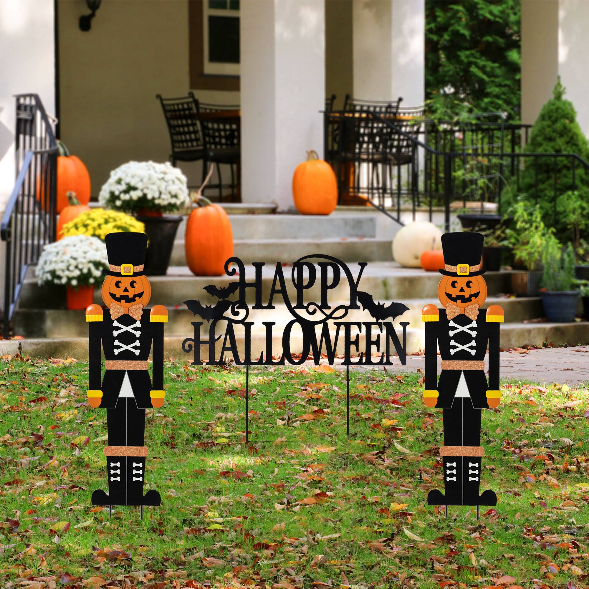 Glitzhome® 32"H Halloween Metal Nutcracker and HAPPY HALLOWEEN Yard Stake Set